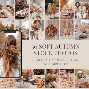 Peut inclure: Un collage de 50 photos d'automne douces. Les images présentent des scènes sur le thème de l'automne avec des citrouilles, des compositions florales et des personnes en tenues confortables. Le texte "50 SOFT AUTUMN STOCK PHOTOS" est affiché.