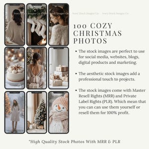 May include: A collection of nine smartphone screens displaying cozy Christmas-themed stock photos. The images include a woman in a sweater, a decorated fireplace, a cake, gifts, and a snowman. Text on the image reads "100 COZY CHRISTMAS PHOTOS."
