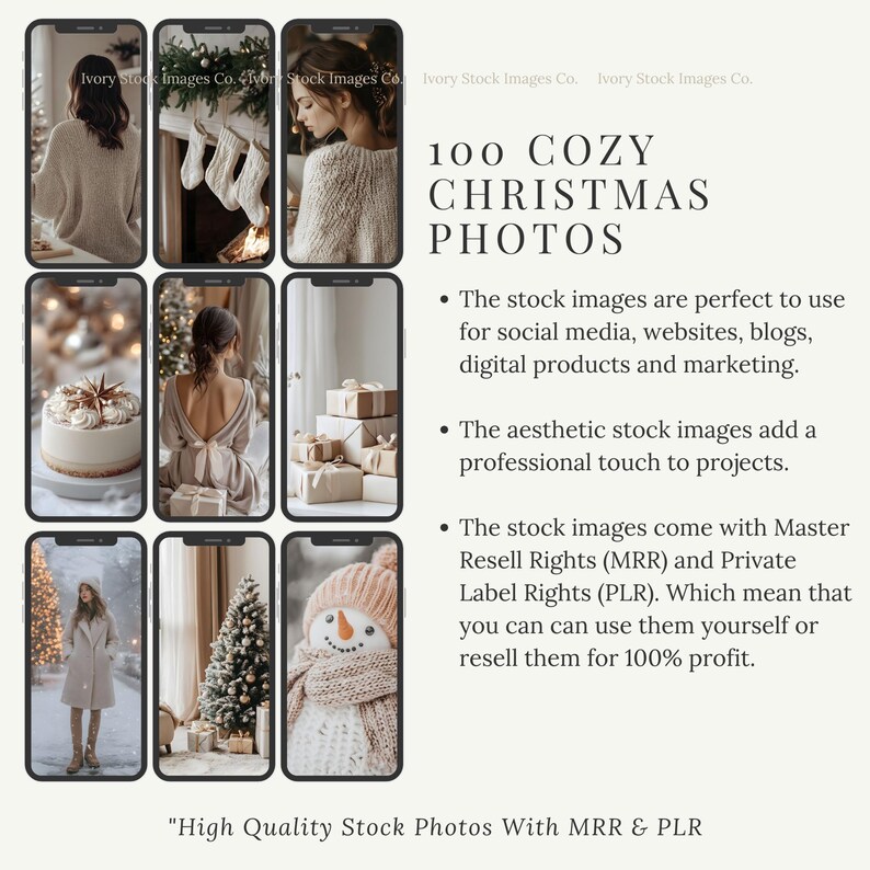May include: A collection of nine smartphone screens displaying cozy Christmas-themed stock photos. The images include a woman in a sweater, a decorated fireplace, a cake, gifts, and a snowman. Text on the image reads "100 COZY CHRISTMAS PHOTOS."