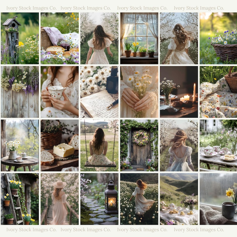 May include: A collage of 12 images featuring a whimsical, romantic aesthetic. The images depict a variety of scenes, including a woman in a white dress walking through a field of flowers, a rustic wooden door with a wreath, a book with a pen, and a cup of tea. The images are all soft and dreamy, with a focus on nature and beauty.