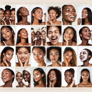 Peut inclure: Un collage de 16 images mettant en sc&egrave;ne des femmes de couleur diverses appliquant divers produits de soin de la peau. Les images pr&eacute;sentent diff&eacute;rents tons de peau, expressions faciales et routines de soin de la peau, soulignant l'importance des soins personnels et de la beaut&eacute;.