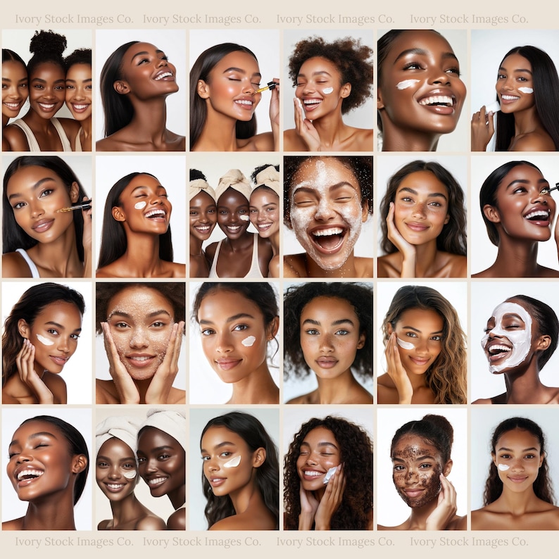 Peut inclure: Un collage de 16 images mettant en sc&egrave;ne des femmes de couleur diverses appliquant divers produits de soin de la peau. Les images pr&eacute;sentent diff&eacute;rents tons de peau, expressions faciales et routines de soin de la peau, soulignant l'importance des soins personnels et de la beaut&eacute;.