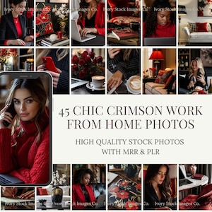 Work From Home Stock Photos | Red Faceless Aesthetic Images for Digital Marketing | Crimson Social Media Content Bundle | PLR MRR Photos.