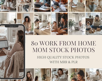 Motherhood Stock Photo Bundle. 80 Neutral Work From Home Mom Images with PLR MRR.
