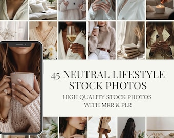 顔の見えないデジタルマーケティングのためのニュートラルなストック写真。PLR MRR 付きの 45 枚のミニマリスト ライフスタイル画像。