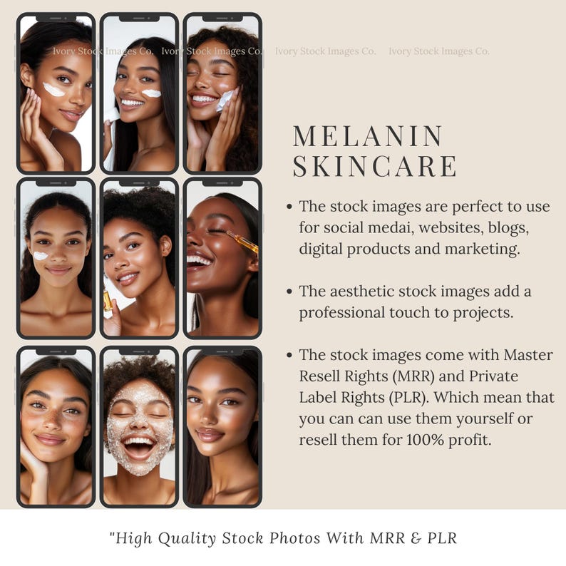 Peut inclure: Neuf images de femmes avec des tons de peau diff&eacute;rents appliquant des produits de soin de la peau. Les images sont dans un format de grille et sont &eacute;tiquet&eacute;es "MELANIN SKINCARE". Le texte sous les images indique que les images libres de droits sont parfaites pour les m&eacute;dias sociaux, les sites Web, les blogs, les produits num&eacute;riques et le marketing. Le texte indique &eacute;galement que les images sont fournies avec des droits de revente master (MRR) et des droits de label priv&eacute; (PLR).