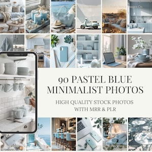 Può includere: Una raccolta di 90 foto minimaliste in blu pastello. Le immagini includono una varietà di scene, come una cucina, una spiaggia e oggetti per l'arredamento della casa. Il testo sull'immagine recita "90 PASTEL BLUE MINIMALIST PHOTOS".