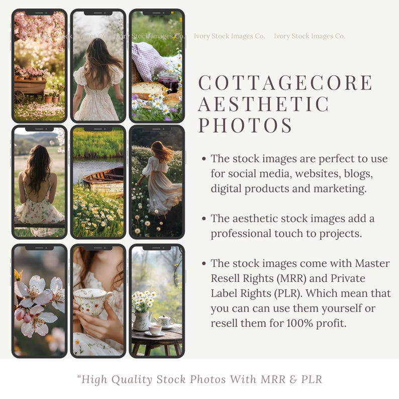 May include: Nine digital images showcasing a cottagecore aesthetic. The images feature a woman in a white dress, a boat on a lake, flowers, and a cup of tea. The text "Cottagecore Aesthetic Photos" is displayed at the top of the image.