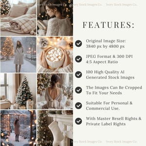 May include: A collage of winter-themed stock images. The images include a woman reading, a person in a coat, a decorated Christmas tree, and a cup of hot chocolate. Text on the right side lists features such as image size, format, and usage rights.