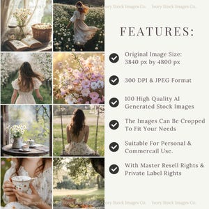 May include: A collection of 100 high-quality AI-generated stock images featuring a woman in a white dress in various settings. The images are 3840 pixels by 4800 pixels, 300 DPI, and in JPEG format. They can be cropped to fit your needs and are suitable for personal and commercial use. The images come with master resell rights and private label rights.