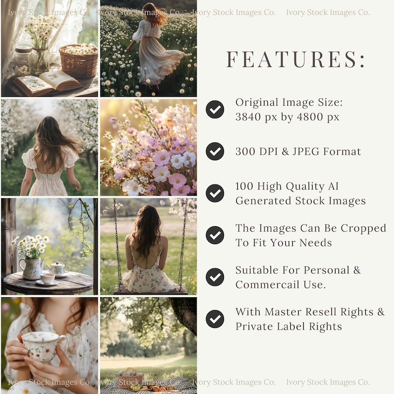 May include: A collection of 100 high-quality AI-generated stock images featuring a woman in a white dress in various settings. The images are 3840 pixels by 4800 pixels, 300 DPI, and in JPEG format. They can be cropped to fit your needs and are suitable for personal and commercial use. The images come with master resell rights and private label rights.