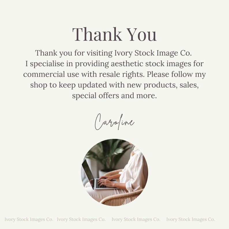 May include: Thank You text with a white background. A woman is sitting in a chair and using a laptop. The woman is wearing a white shirt and has her hair pulled back. The chair is made of wicker and has a plant in the background.