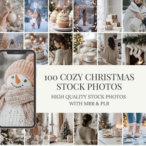 May include: A collage of cozy Christmas stock photos. The images include a snowman, cupcakes, a person walking a dog in the snow, a person reading, a Christmas tree, and a fireplace with stockings. Text reads "100 COZY CHRISTMAS STOCK PHOTOS".