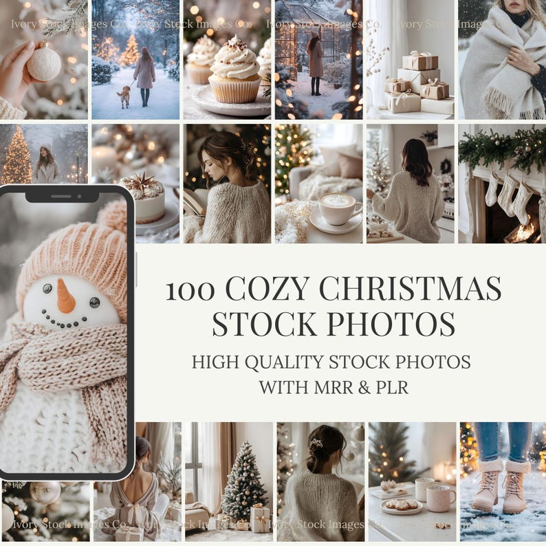 May include: A collage of cozy Christmas stock photos. The images include a snowman, cupcakes, a person walking a dog in the snow, a person reading, a Christmas tree, and a fireplace with stockings. Text reads "100 COZY CHRISTMAS STOCK PHOTOS".