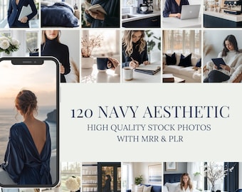 Navy Blue Aesthetic Stock Photos | PLR MRR | 120 Faceless Marketing Navy Blue Stock Photo Bundle | Stock Images For Instagram Reels Cover.