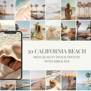 AI Stock Photos for Digital Marketing | MRR & PLR Rights | Aesthetic Images | 50 California Beach Images | Faceless Marketing Collection.