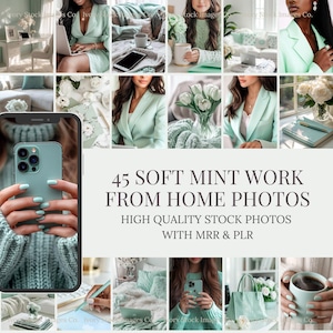 以下が含まれることがあります： ソフトミントカラーを基調とした画像のコラージュ。ノートパソコンを使用したり、携帯電話を持ったり、コーヒーを楽しんだりする在宅ワークの様子を写した写真です。テキストには「45 SOFT MINT WORK FROM HOME PHOTOS」と書かれています。