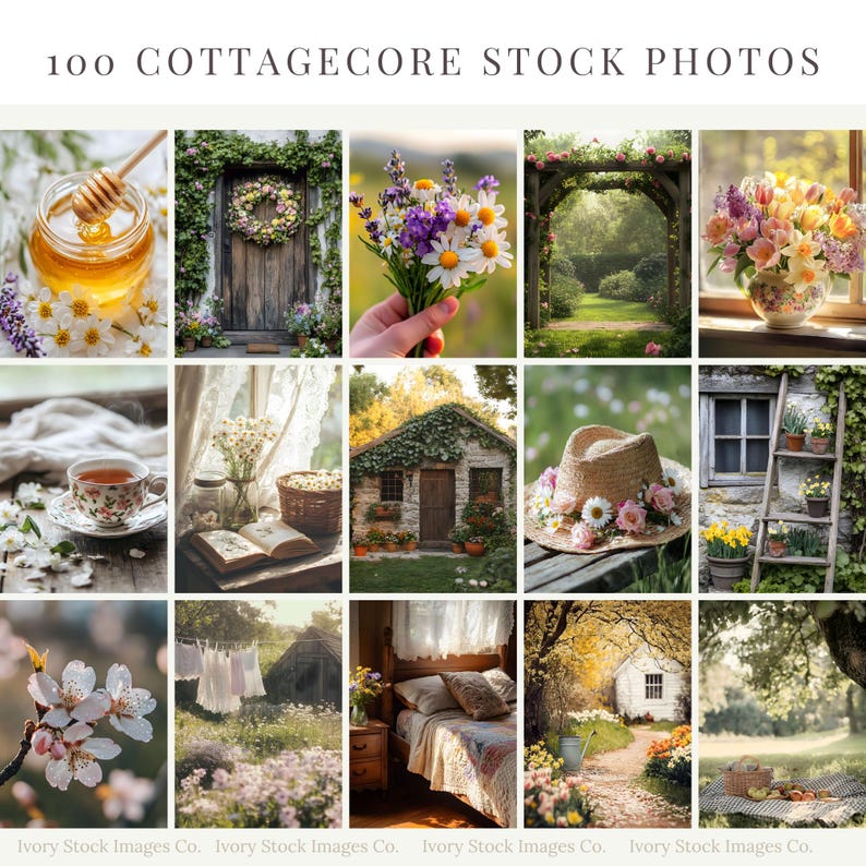 May include: A collage of 16 images showcasing cottagecore aesthetics. The images feature flowers, a rustic wooden door with a wreath, a small cottage, a straw hat with flowers, a window with a flower arrangement, a teacup and saucer, a book, a bed with a quilt, and a path through a garden.