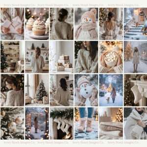 May include: A collage of cozy winter scenes featuring Christmas trees, snow-covered landscapes, and festive decorations. The images include a snowman, cupcakes, gifts, and people in warm clothing, evoking a sense of holiday cheer.