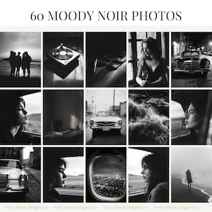 May include: A collection of 60 moody noir photos featuring a variety of subjects, including people, cars, landscapes, and still life. The photos are all in black and white and have a dark, atmospheric feel.