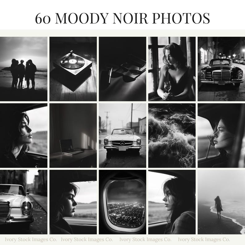 May include: A collection of 60 moody noir photos featuring a variety of subjects, including people, cars, landscapes, and still life. The photos are all in black and white and have a dark, atmospheric feel.