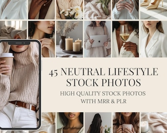 ベージュのストックフォトバンドル。Instagram や顔の見えないマーケティングに最適な、ニュートラルなライフスタイル画像 45 枚。