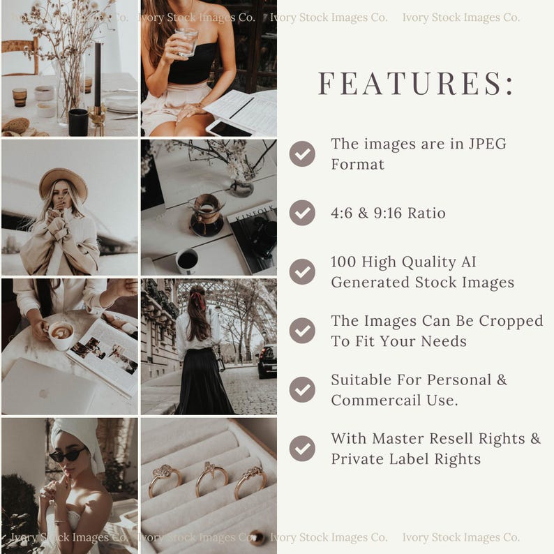 May include: A collage of images showcasing the features of 100 high-quality AI-generated stock photos. The images are in JPEG format and have a 4:6 and 9:16 ratio. They can be cropped to fit your needs and are suitable for personal and commercial use. The images come with master resell rights and private label rights.