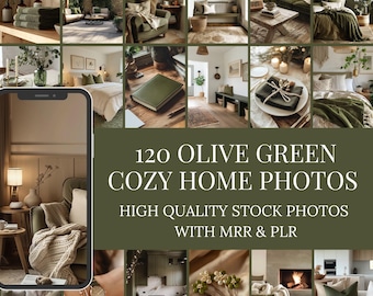 Minimalist Home Stock Photos | MRR PLR | 120 Olive Green Minimalist Aesthetic Interior Design | Neutral Images for Faceless Marketing.