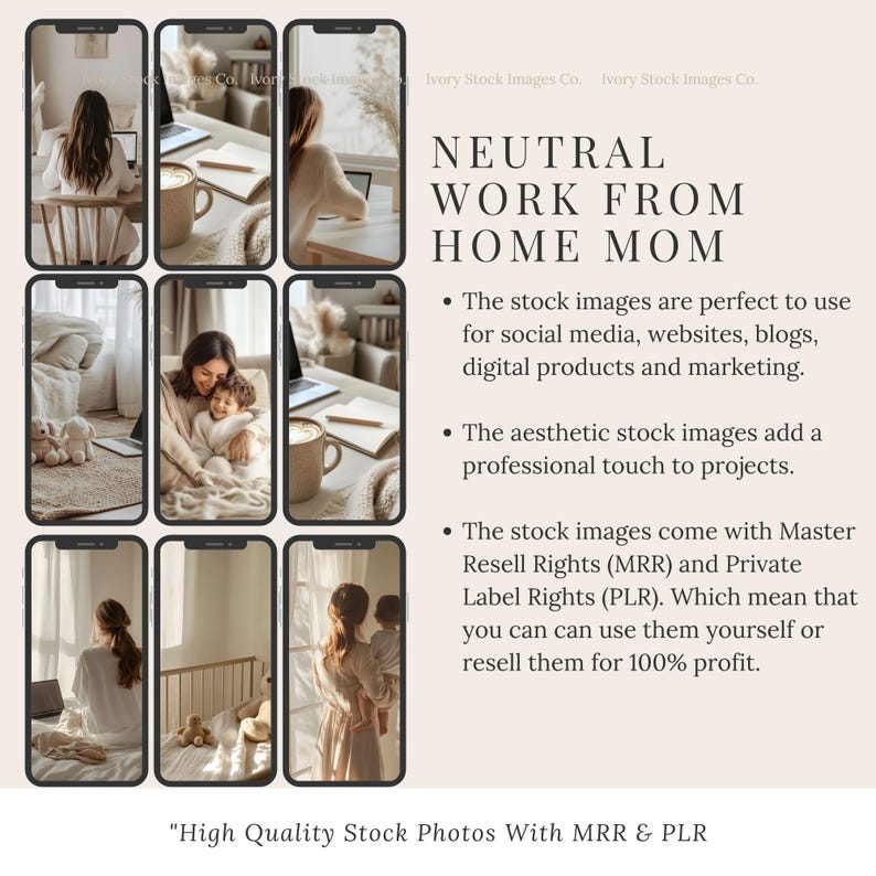 May include: A collage of images displayed on smartphones, showcasing a neutral, work-from-home theme. The images feature a woman working on a laptop, a mother with a child, and cozy home office settings. Text reads "NEUTRAL WORK FROM HOME MOM".
