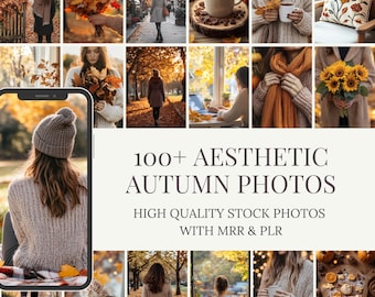 May include: A collage of autumn-themed photos. The images feature people in fall settings, holding leaves, and enjoying warm drinks. Text on the image reads "100+ AESTHETIC AUTUMN PHOTOS" and "HIGH QUALITY STOCK PHOTOS WITH MRR & PLR."