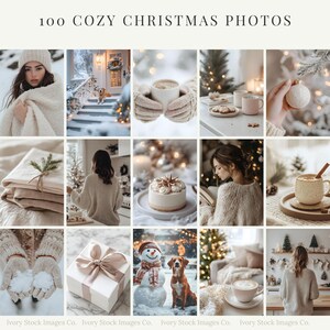 May include: A collage of 15 cozy Christmas photos. The images feature winter scenes, people, and holiday decorations. There are images of a woman in a winter hat, a dog on a snowy porch, and a snowman with a dog. The text "100 COZY CHRISTMAS PHOTOS" is at the top.
