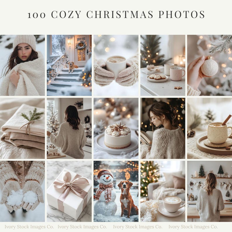 May include: A collage of 15 cozy Christmas photos. The images feature winter scenes, people, and holiday decorations. There are images of a woman in a winter hat, a dog on a snowy porch, and a snowman with a dog. The text "100 COZY CHRISTMAS PHOTOS" is at the top.