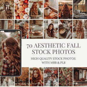 May include: A collage of aesthetic fall stock photos. The images feature pumpkins, coffee, and people with long auburn hair. The text on the image reads "70 AESTHETIC FALL STOCK PHOTOS" and "HIGH QUALITY STOCK PHOTOS WITH MRR & PLR."