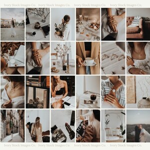 May include: A collage of 16 images featuring various lifestyle and fashion elements, including jewellery, coffee, books, and clothing. The images are arranged in a grid pattern and have a neutral colour palette.