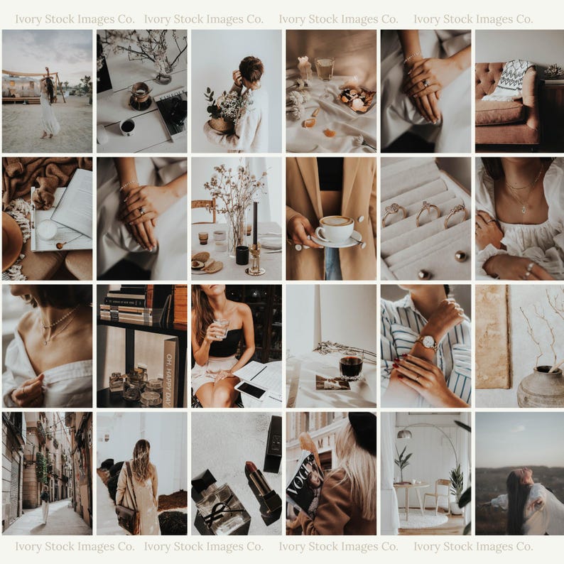 May include: A collage of 16 images featuring various lifestyle and fashion elements, including jewellery, coffee, books, and clothing. The images are arranged in a grid pattern and have a neutral colour palette.