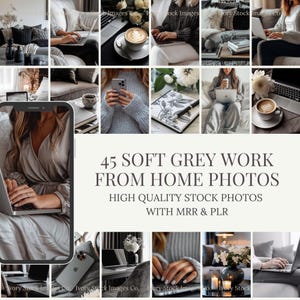 Puede incluir: Un collage de imágenes de estilo de vida en tonos grises suaves. Las imágenes incluyen computadoras portátiles, café, cuadernos y flores, lo que sugiere un tema de trabajo desde casa. El texto central dice "45 SOFT GREY WORK FROM HOME PHOTOS".