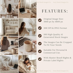 May include: A collage of lifestyle images featuring a neutral color palette. Scenes include a person working on a laptop, a baby's crib, and a cozy living space. Text on the right side lists image features, including size, format, and usage rights.