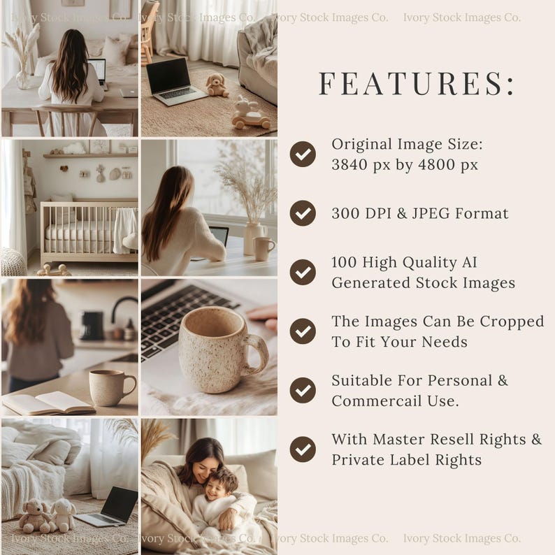 May include: A collage of lifestyle images featuring a neutral color palette. Scenes include a person working on a laptop, a baby's crib, and a cozy living space. Text on the right side lists image features, including size, format, and usage rights.