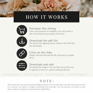 May include: A black and white graphic with instructions on how to download digital products from Etsy. The graphic includes icons for a shopping cart, a download arrow, a chain link, and a list. The text reads "How It Works", "Purchase this listing", "Download the pdf file", "Click on the links", "Download and edit", "Note:" and "Please note that you cannot download digital products from the Etsy App. You will need to log into Etsy on a browser e.g. Safari or Google to download your purchase. You can log into a browser on your phone, tablet or computer to download your digital files."