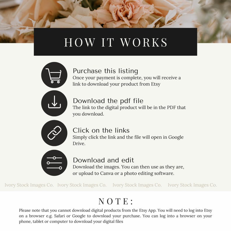 May include: A black and white graphic with instructions on how to download digital products from Etsy. The graphic includes icons for a shopping cart, a download arrow, a chain link, and a list. The text reads "How It Works", "Purchase this listing", "Download the pdf file", "Click on the links", "Download and edit", "Note:" and "Please note that you cannot download digital products from the Etsy App. You will need to log into Etsy on a browser e.g. Safari or Google to download your purchase. You can log into a browser on your phone, tablet or computer to download your digital files."