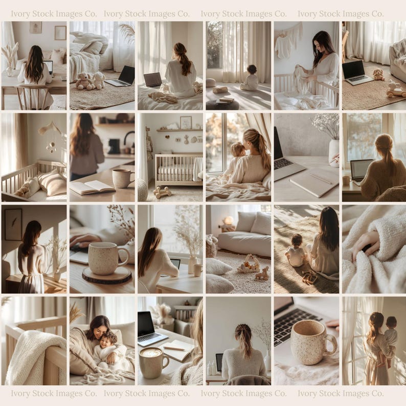 May include: A collage of lifestyle images featuring neutral-toned home decor and scenes of daily life. Includes a crib, laptop, coffee mugs, and a person working from home. The images have a soft, natural aesthetic.