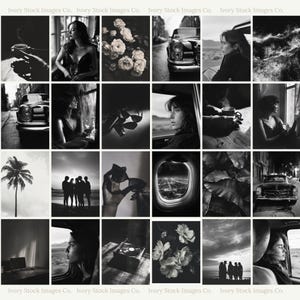 May include: A collage of 16 black and white images. The images include a palm tree, a car, flowers, sunglasses, a person looking out a window, a person holding a cup, a person sitting in a car, and a person sitting on a beach.