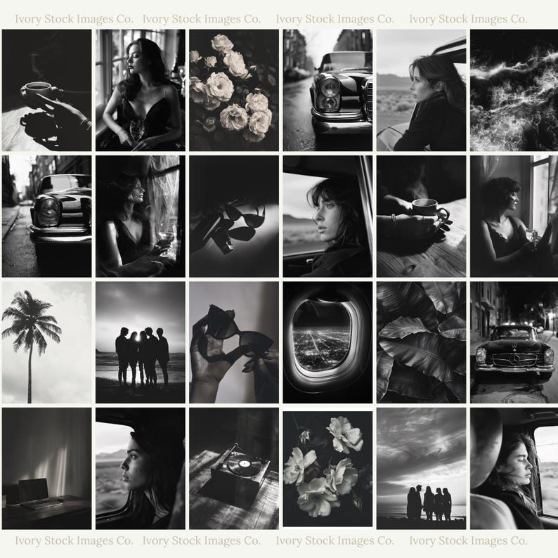May include: A collage of 16 black and white images. The images include a palm tree, a car, flowers, sunglasses, a person looking out a window, a person holding a cup, a person sitting in a car, and a person sitting on a beach.