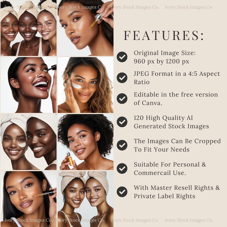 Peut inclure: Un collage d'images mettant en sc&egrave;ne des femmes diverses appliquant des produits de soin de la peau. Les images mettent en &eacute;vidence l'utilisation de s&eacute;rums, de patchs pour les yeux et de cr&egrave;mes hydratantes. Le texte superpos&eacute; d&eacute;crit les caract&eacute;ristiques des images, notamment la taille, le format et les droits d'utilisation.