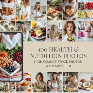 Wellness Stock Images | MRR PLR | 100 Aesthetic Nutrition Health Images for Social Media | Digital Marketing | Fitness & Holistic Lifestyle.