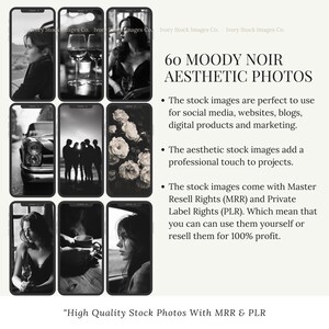 May include: A collage of six black and white photos with the text "60 MOODY NOIR AESTHETIC PHOTOS" and a description of the stock images being perfect for social media, websites, blogs, digital products and marketing. The stock images come with Master Resell Rights (MRR) and Private Label Rights (PLR). The text "High Quality Stock Photos With MRR & PLR" is at the bottom of the collage.
