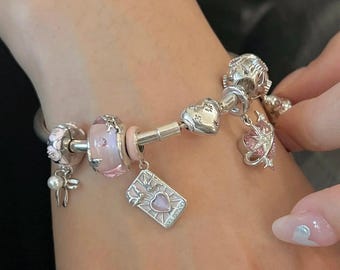 Pink Charm Bracelet 925 Sterling Silver Charms fits Pandora Bracelet Pendant Necklace Tarot cards Charm Magician Clip Beads Bracelet