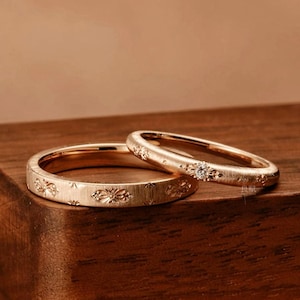 Vintage Moissanite Gold Wedding Band Unique Engraved Brushed Ring Wedding Ring Floral Victorian Promise Ring For Couple His and Her Ring