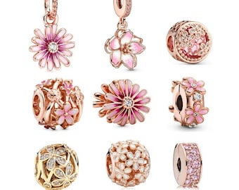 Floral Bracelet Charm Rose Gold Plated Flower Charms fits Pandora Pendant Natural Inspired Bracelet Necklace Daisy Pendant DIY Gift for her