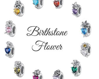 Birthday Birthstone flower 925 Sterling Silver Charms fits Pandora Bracelet Heart Charm Birthday gift for her BUY 3 GET 60% OFF